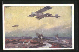 Künstler-AK Hans Rudolf Schulze: Militärdoppeldecker Auf Erkundungsflug An Der Marne  - 1914-1918: 1. Weltkrieg
