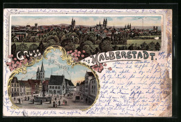 Lithographie Halberstadt, Ortsansicht Mit Holzmarkt  - Halberstadt