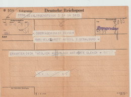 German Telegram WW2 To A Sailor At The Navy Hospital - Marinelazarett In Stralsund Dated 14.12.1942 - Militaria