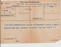 German Telegram WW2 To A Sailor At A Navy School - Marineschule Requesting Postal Information Dated 27.8.1942 - Militaria