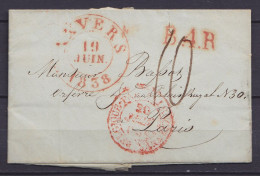 L. Datée 19 Juin 1838 Càd ANVERS /19 JUIN 1839 Pour PARIS - Griffe "B.4.R" - Càd Passage "BELGIQUE PAR VALENCIENNES /20  - 1830-1849 (Independent Belgium)