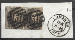 OBP10 In Paar Op Fragment, Met 4 Randen En Met Balkstempel P131 Comines + Vertrekstempel (zie Scans) - 1858-1862 Medallones (9/12)