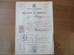 BREST BULLETIN DE MARIAGE DU 22 DECEMBRE 1913 GUEGUEN EDOUARD JOSEPH SERGENT ET Mlle BRITANNICUS MARIE - G