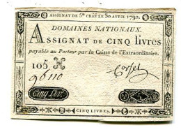 Assignat 5 Livres : 6 Mai 1791 Lettre H    VOIR DESCRIPTIF  §§§ - Assegnati