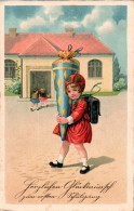 H1039 - Litho Glückwunschkarte Schulanfang - Kleines Mädchen Zuckertüte - Children's School Start