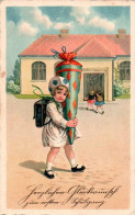 H1042 - Litho Glückwunschkarte Schulanfang - Kleines Mädchen Zuckertüte - Premier Jour D'école