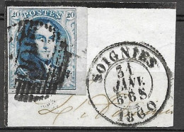 OBP11A Op Fragment, Met 4 Randen En Bladboord, Met Balkstempel P108 Soignies + Vertrekstempel (zie Scans) - 1858-1862 Médaillons (9/12)