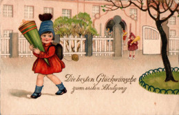 H1045 - Litho Glückwunschkarte Schulanfang - Kleines Mädchen Zuckertüte  - Erika - Einschulung