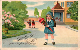 H1048 - Litho Glückwunschkarte Schulanfang - Kleines Mädchen Zuckertüte - Primo Giorno Di Scuola