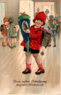 H1050 - Litho Glückwunschkarte Schulanfang - Kleines Mädchen Zuckertüte - AGB - Children's School Start