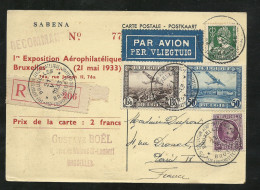 C. P.  SABENA Numérotée.recommandée Exposition Aéro Bruxelles à Paris 21/5/1933  PA N°1 Et 2 Et N° 197 Et 340  B/TB - Storia Postale