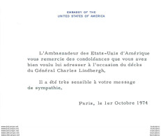 AMBASSADE DES ETATS UNIS DECES DU GENERAL CHARLES LINDBERGH REMERCIEMENTS AUX CONDOLEANCES 10/1974 - Documentos Históricos