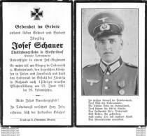 MEMENTO AVIS DE DECES SOLDAT ALLEMAND JOSEF SCHAUER MORT LE 22 JUIN 1941 - Décès