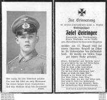 MEMENTO AVIS DE DECES SOLDAT ALLEMAND  JOSEF  SEIRINGER MORT LE 17 AOUT 1942 - Décès