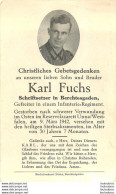 MEMENTO AVIS DE DECES SOLDAT ALLEMAND KARL FUCHS MORT LE 9 MARS 1942 - Décès