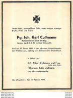 GRAND AVIS DE DECES SOLDAT ALLEMAND PG. JOH KARL CULLMANN MORT LE 20 JANVIER 1943 FORMAT 18.50 X 14.50 CM - Décès