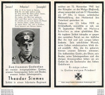 MEMENTO AVIS DE DECES SOLDAT ALLEMAND THEODOR SIEMES  MORT LE 17 NOVEMBRE 1941 EN RUSSIE - Décès