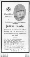 MEMENTO AVIS DE DECES SOLDAT ALLEMAND JOHANN DRAXLER MORT LE 11 DECEMBRE 1942 - Décès