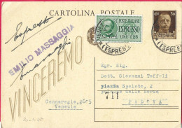 INTERO CARTOLINA POSTALE "VINCEREMO" C. 30 ESPRESSO DA VENEZIA *20.1.43* PER PADOVA - Exprespost