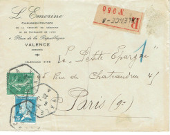 Tarifs Postaux France Du 25-03-1924 (22) Pasteur N° 177 75 C. + 10 C. Semeuse  LR 1er 06-03-1925 RAU Valence A - 1922-26 Pasteur