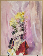 Aquarelle Pochoir "Statue De Marianne Dans Un Bouquet De Fleurs". Fond D'Atelier Signé B.F. Vers 1900 - Watercolours