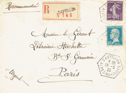 Tarifs Postaux France Du 25-03-1924 (25) Pasteur N° 176 50 C.+ 35 C. Semeuse LR 1er RAR Castillon (Var) 15-05-1925 - 1922-26 Pasteur