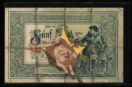 Lithographie Glücksschwein Platzt Durch Reichskassenschein  - Münzen (Abb.)
