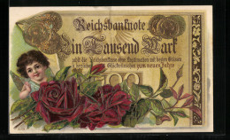 AK Engel Und Rosen Vor Einer Reichsbanknote  - Monedas (representaciones)