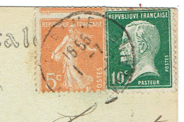 Tarifs Postaux France Du 25-03-1924 (75) Pasteur N° 170 10 C.+5 C. Semeuse Orange N°158 Carte Postale Illustrée Variété - 1922-26 Pasteur