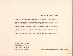 FELIX POTIN , CARTE INVITATION SUITE INAUGURATION NOUVELLE SALLE DES VENTES ET EXPOSITION VINS LIQUEURS REAUX DE VIE - Autres & Non Classés