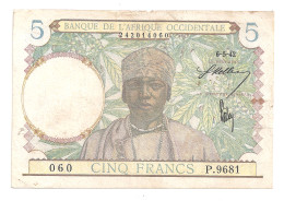 BANQUE DE L'AFRIQUE OCCIDENTALE 5 Francs 6-5-42 (A.O.F) - Autres - Afrique