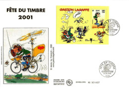 FRANCE 2001 YOUTH PHILATELY GASTON COMICS GOLD PLATED OFFICIAL FIRST DAY COVER USED RARE - Fumetti