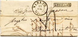 BELGIQUE - CAD D'AMBULANT MIDI N°5 + GRIFFE GOSSELIES SUR LETTRE POUR LA FRANCE, 1853 - Ambulanti