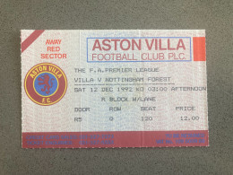 Aston Villa V Nottingham Forest 1992-93 Match Ticket - Tickets & Toegangskaarten