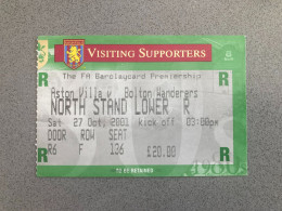 Aston Villa V Bolton Wanderers 2001-02 Match Ticket - Tickets & Toegangskaarten