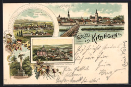 Lithographie Kitzingen A. M., Deutsches Schloss Mit Mainpanorama, Uferpartie Mit Brücke, Etwashausen Mit Schwamberg  - Kitzingen