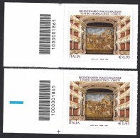 Italia 2018; Teatro Marrucino In Chieti, 200° Dell’inaugurazione; Due Francobolli A Barre Opposte A Sinistra. - Barcodes