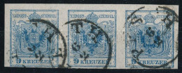 O 1850 9kr HP IIIb. Kék Vízszintes Hármascsík / Type HP IIIb. Blue Stripe Of 3. "PESTH" Certificate: Strakosch (ANK EUR  - Other & Unclassified