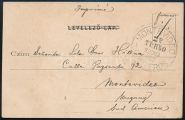 1902 TCV Képeslap Turul 2f és 3f Bérmentesítéssel Uruguayba, "BUDAPEST-GYŐR-BÉCS" Mozgóposta Bélyegzéssel / TCV Postcard - Otros & Sin Clasificación