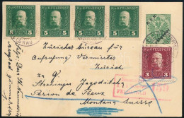 1917 Díjjegyes Levelezőlap 5 Bélyeggel Díjkiegészítve Svájcba, Cenzúrázva / Censored PS-card With 5 Stamps Additional Fr - Other & Unclassified