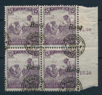 ** Nagyvárad 1919 Arató 15f ívszéli 4-es Tömbben Eltolódott Felülnyomással / Mi 32 II Margin Block Of 4 With Shifted Ove - Altri & Non Classificati