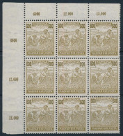 ** 1924 Arató-Parlament 600K ívsarki 9-es Tömb, Benne Tévnyomat "600/800K" / Mi 395 Corner Block Of 9 Including Error "8 - Otros & Sin Clasificación