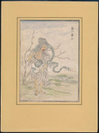 Japán Művész, Ismeretlen Jelzéssel: Ember Kígyóval. Színezett Fametszet, Papír. 18x12,5 Cm. Paszpartuban / Japanese Wood - Autres & Non Classés