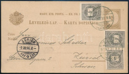 1894 2kr Díjjegyes Levelezőlap 3 X 1kr Díjkiegészítéssel Svájcba Küldve, 1 Bélyeg 12 : 11 1/2, 2 Bélyeg Pedig 11 1/2 Fog - Autres & Non Classés