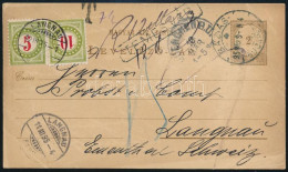 1895 2kr Díjjegyes Levelezőlap Báziásról Svájcba Küldve, Ott Portózva, TEMESVÁR Vonalbélyegzéssel / PS-card To Switzerla - Otros & Sin Clasificación