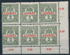 ** 1916 Sürgős ívsarki Hatostömb, Lemezhiba A "fillér" Szónál / Mi 180 Corner Block Of 6 With Plate Varity - Andere & Zonder Classificatie