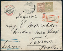 1908 Expressz Ajánlott Levél 80f Bérmentesítéssel Budapestről Torinóba, Látványos Hátoldallal / Express Registered Cover - Otros & Sin Clasificación