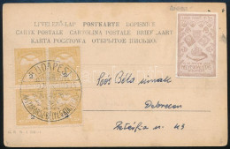 1909 Turul 2f Négyestömb Képeslapon, Levélzáróval / Postcard With Block Of 4 And Label - Other & Unclassified