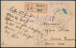 Arad 1920 Ajánlott Képeslap 70f Készpénzes Bérmentesítéssel, Cenzúrázva Bukowinába / Registered Postcard With Cash Frank - Otros & Sin Clasificación