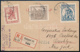 1920 Ajánlott Levelezőlap Hadisegély Sorral New Yorkba / Registered Postcard To New York - Other & Unclassified